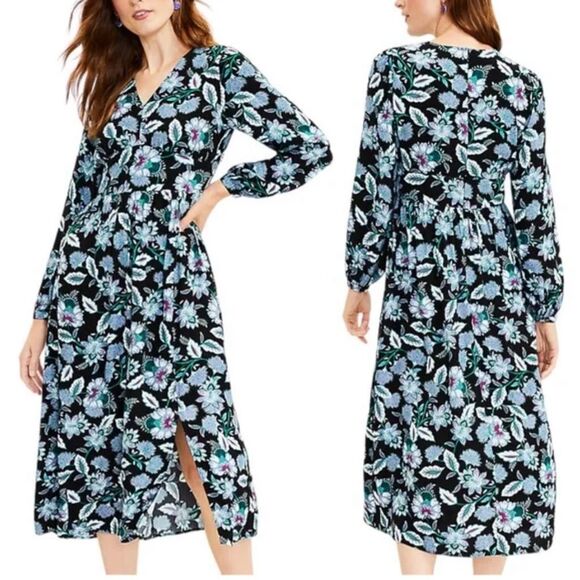 Loft Long Puff Sleeve Front Slit Floral V-Neck Midi Dress Size 8 - Picture 1 of 10